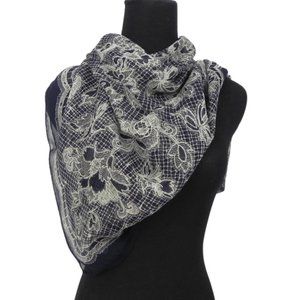 Sheer Navy Blue Lace Motif Scarf or Shawl